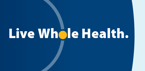 Text that says Live Whole Health. The background is dark blue. The o in whole is a filled yellow circle